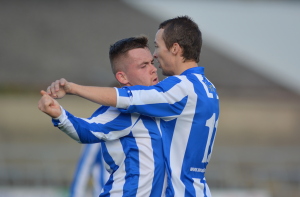 Aaron Brilly celebrates his goal with Mark Lowry. Photograph: Brendan Monaghan